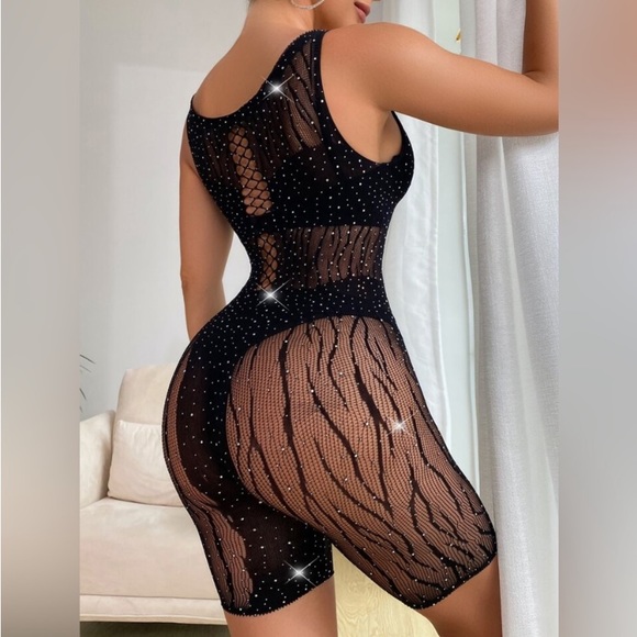 BLACK MESH RHINESTONE BODYSTOCKING BODYSUIT ROMPER LINGERIE - Picture 3 of 7